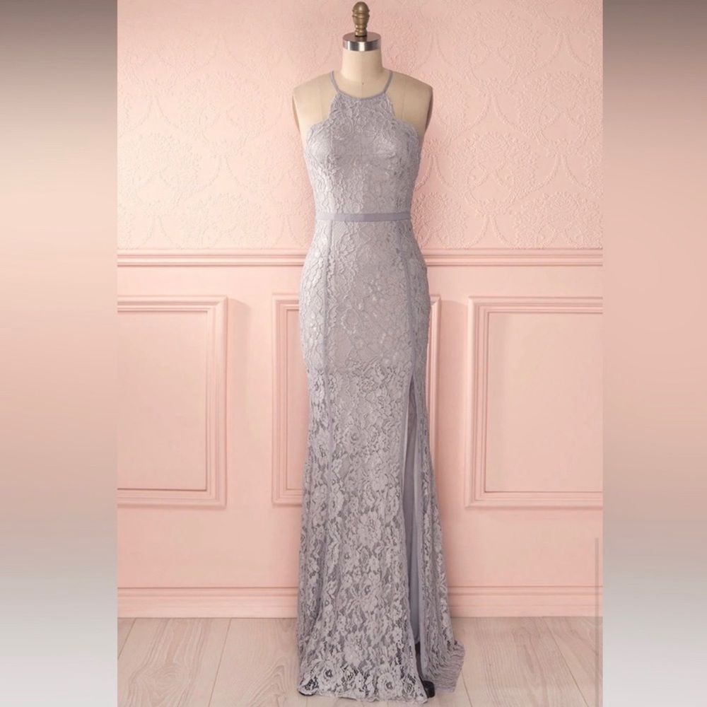 05 Grey lace maxi dress gown slit sleeveless